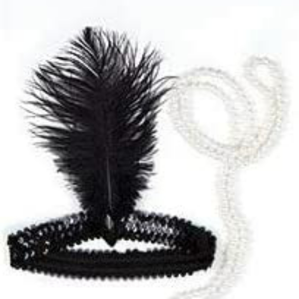 Wiggie Synthetic Costume Wig - Flapper Black Bob + Feather Head Band Necklace - Picture 5 of 11